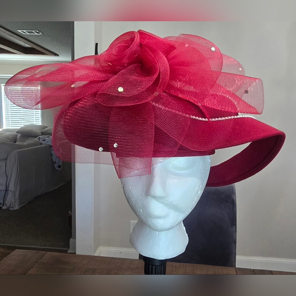 Designer's Touch Exclusive burgundy hat. Rhinestone and pearl trimmings.